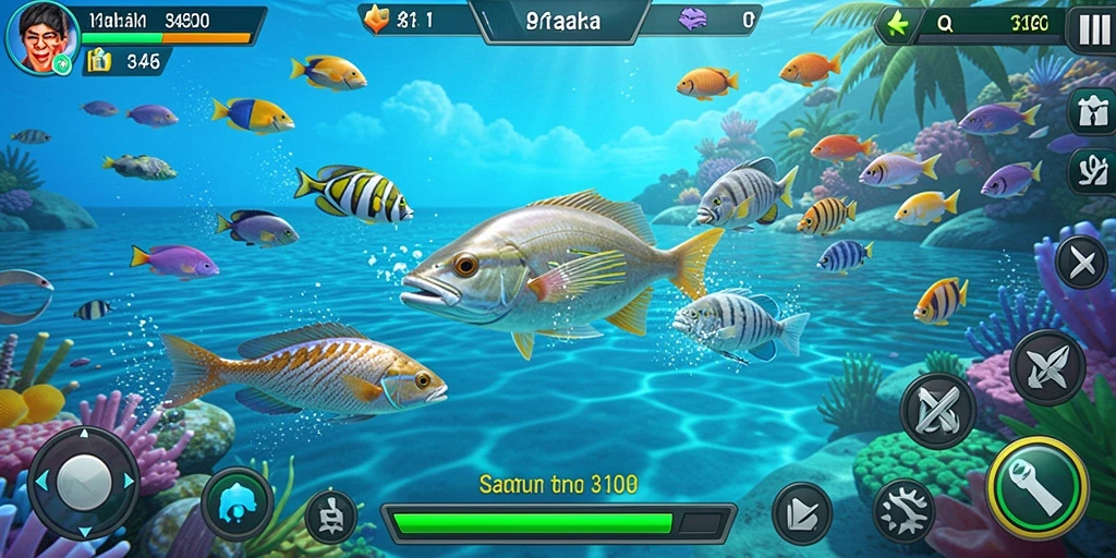 Screenshot permainan Tembak Ikan yang menampilkan aksi menembak ikan.