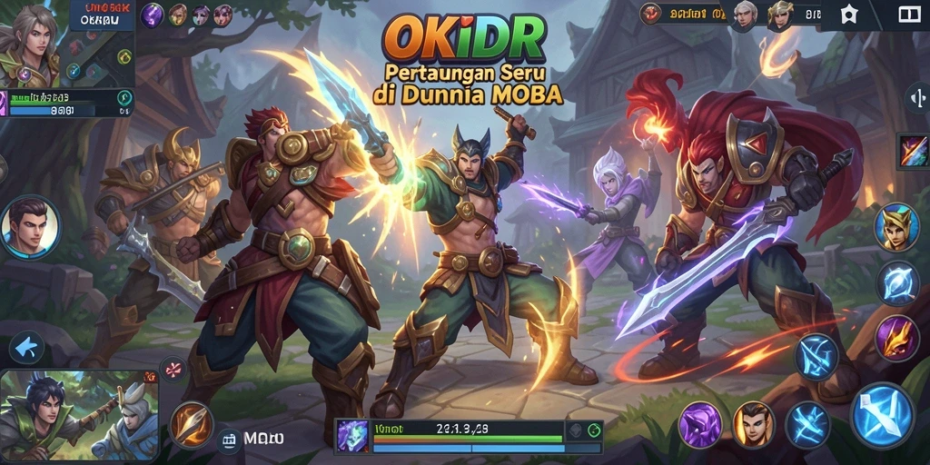 Screenshot utama permainan OKIDR menampilkan aksi seru dalam arena MOBA.