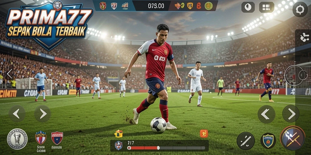 Tampilan gameplay PRIMA77 menampilkan aksi sepak bola yang menegangkan.