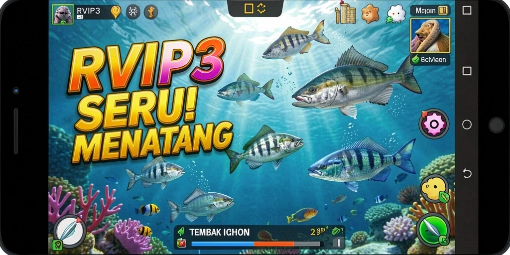 Tangkapan layar gameplay RVIP3 menampilkan aksi tembak ikan yang seru.