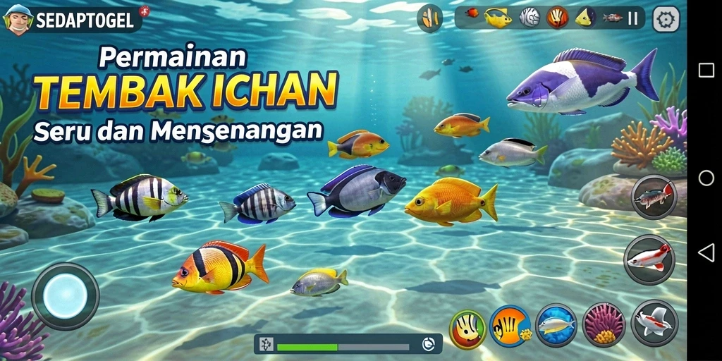 Screenshot gameplay SEDAPTOGEL dengan aksi menembak ikan.