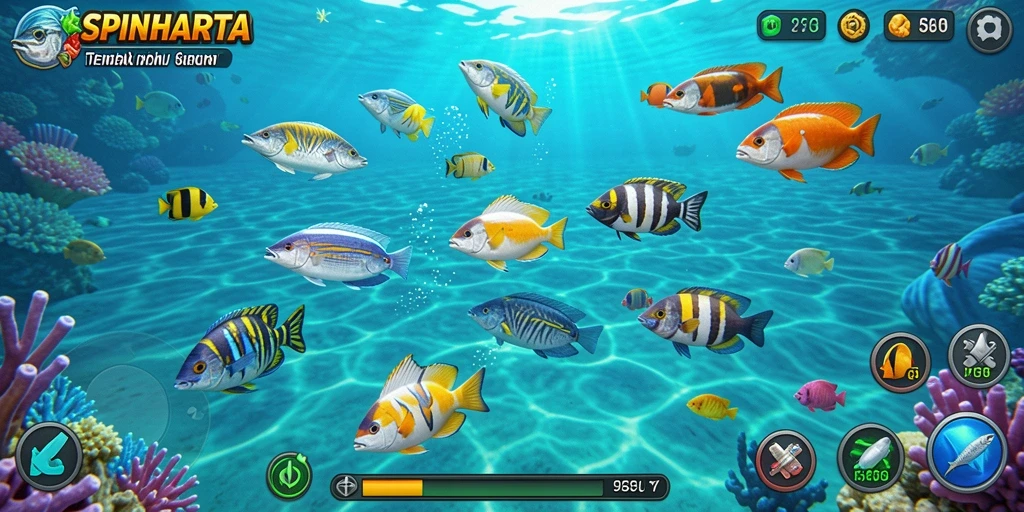 Tampilan gameplay seru dalam SPINHARTA saat menembak ikan warna-warni.