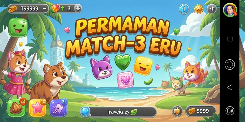 Screenshot T9999 menampilkan momen seru permainan Match-3 yang penuh warna.